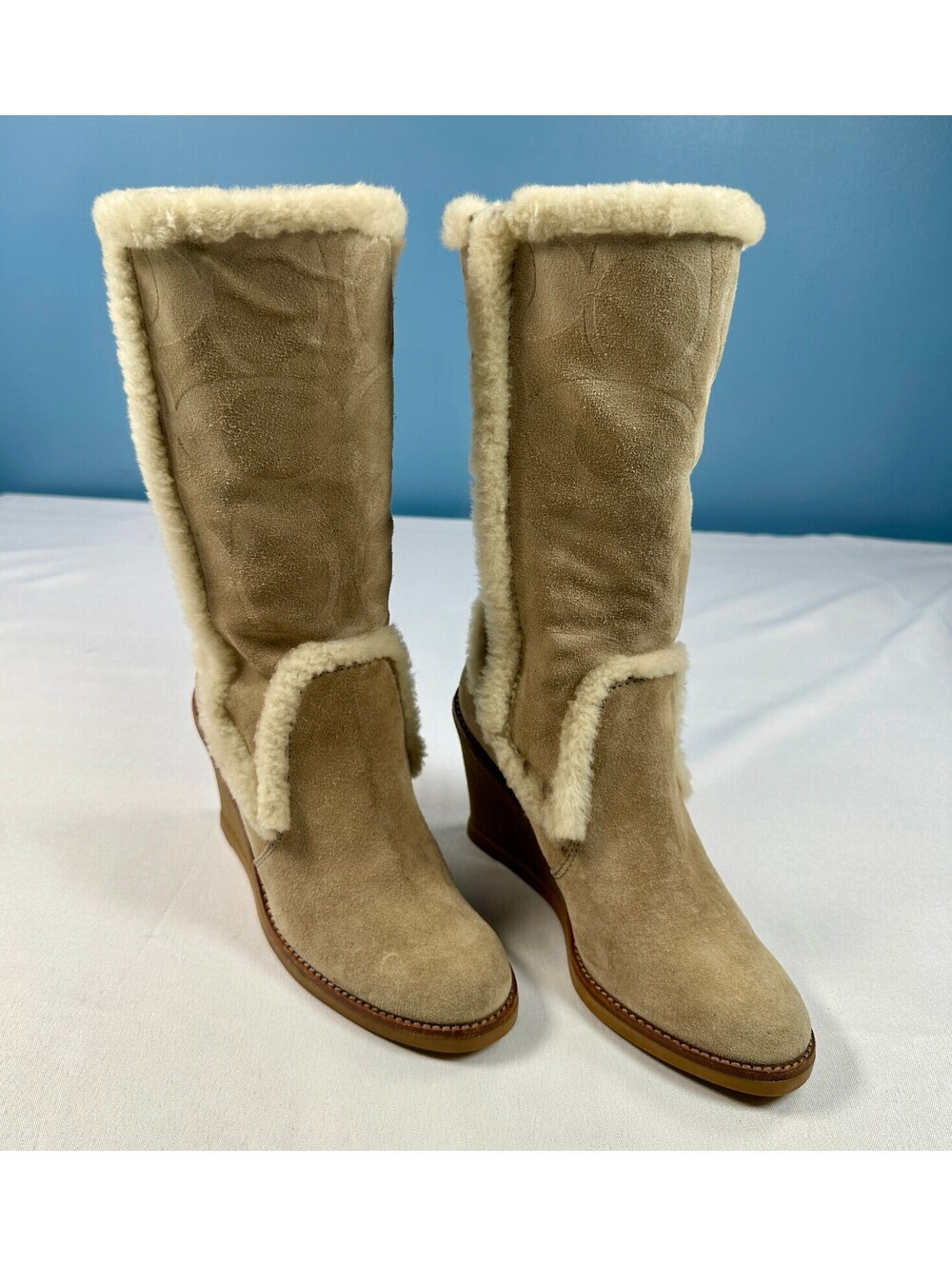 Coach Jordana Khaki Suede Shearling Wedge Boots Women's Size 5.5 M F2080